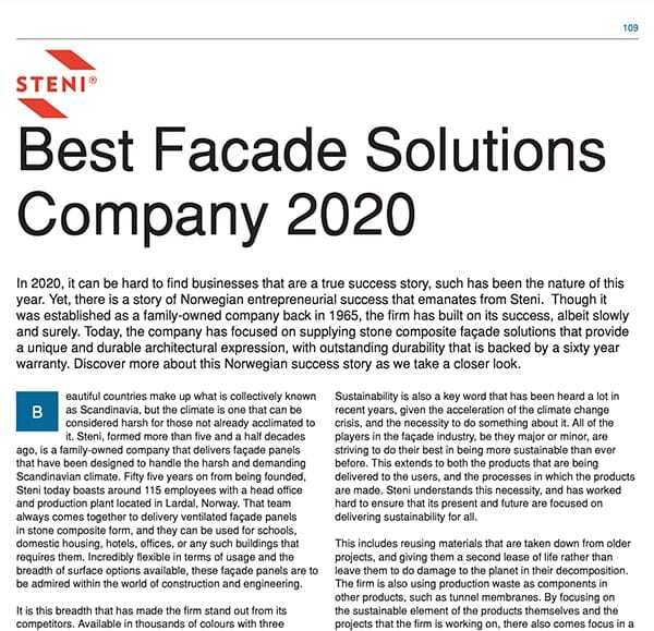 STENI Panels Best Facade Solutions Company 2020 Press Release